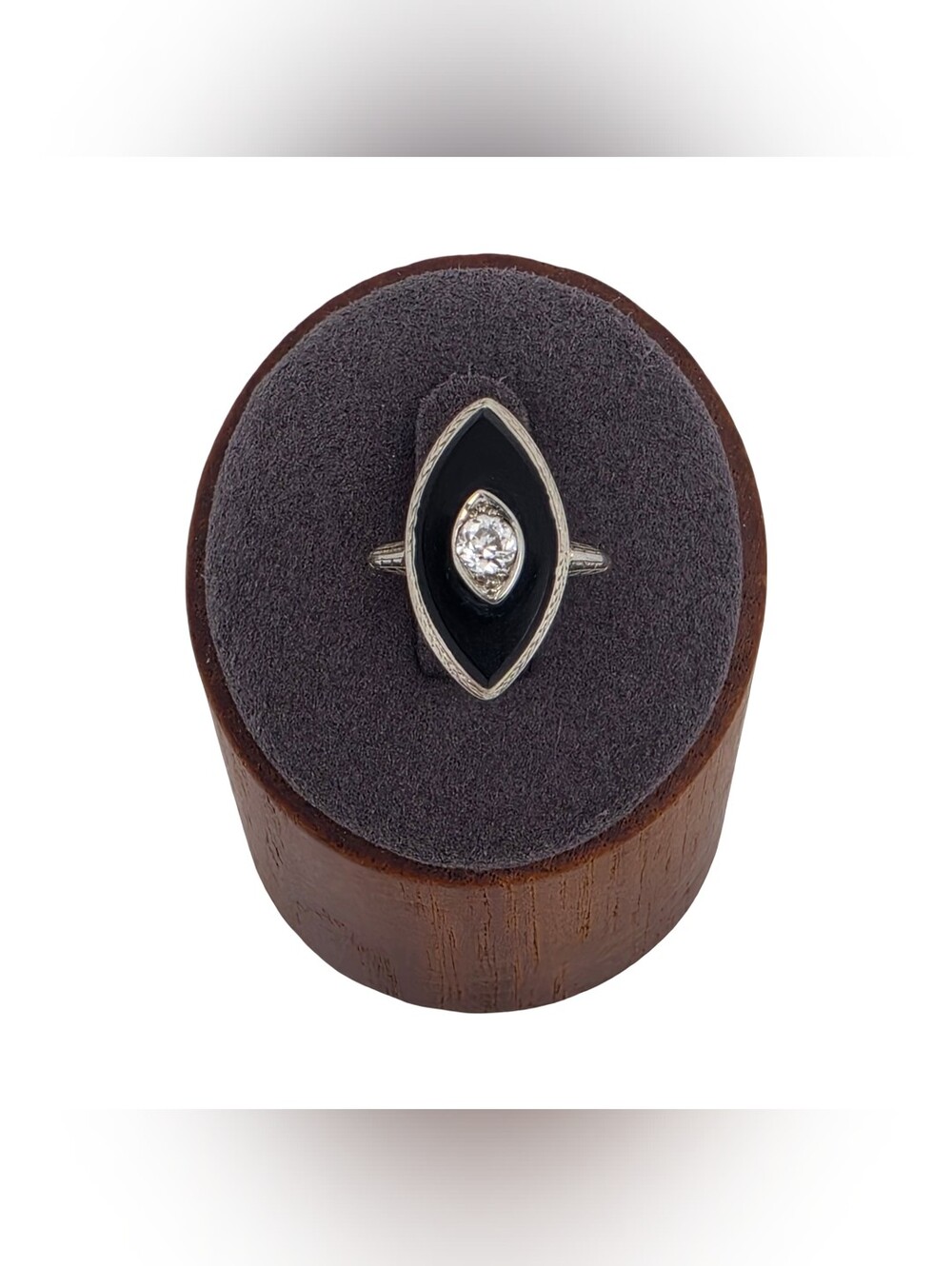 Vintage 14k Gold Art Deco Navette Black Onyx Diamond Ring Size 3